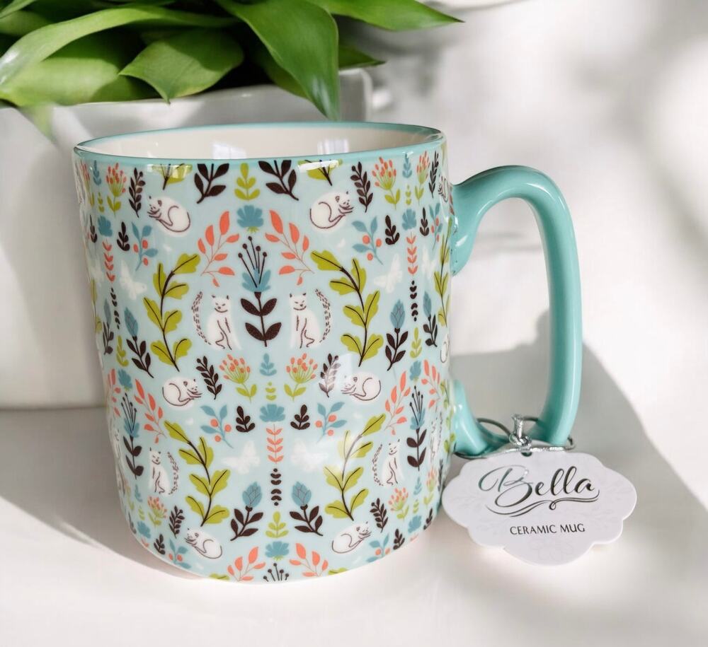 NEW Bella Peaceful White Cats in Nature Fern Blue Green 16oz Coffee Tea Cat Mug